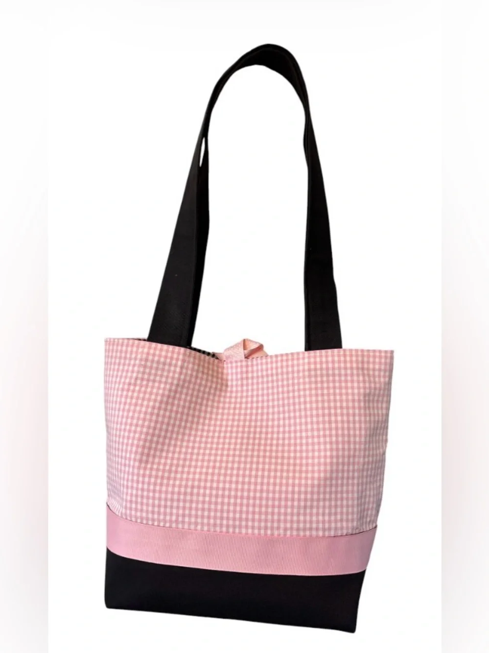 Pink Gingham Tote Bag. Black Straps. Ribbon Accent.  Lined.  Snap Closure.